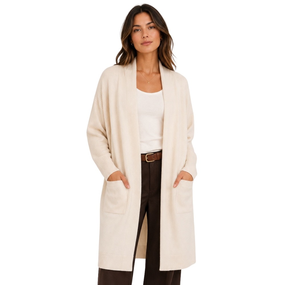 Vince Cardigan Sweater Medium Cream Wool Cashmere Ribbed Open Front Longline